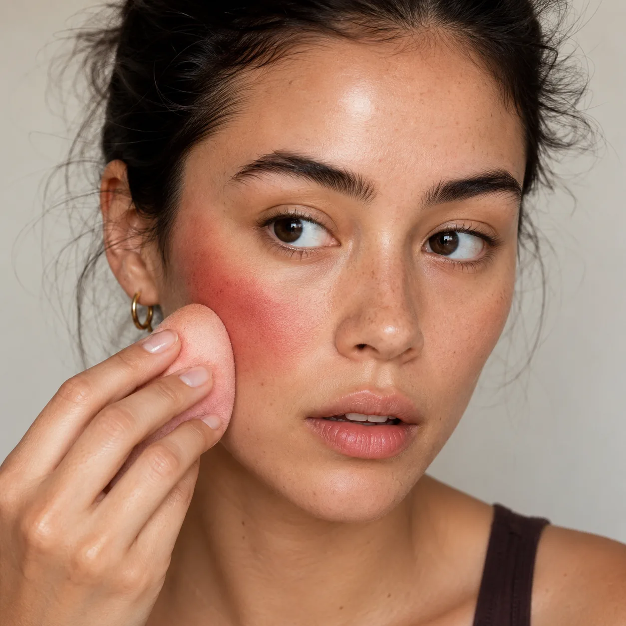 A woman softens bright blush on her cheek with a makeup sponge