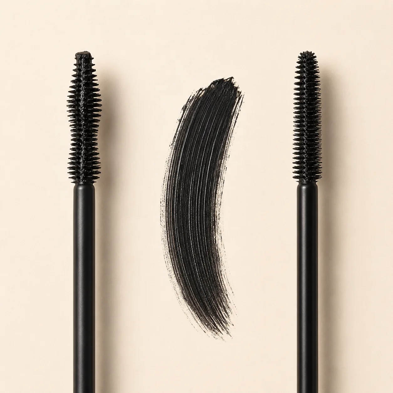 Two mascara wands with different brush shapes on either side of a black swatch